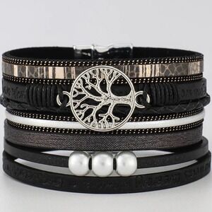 Multilayer Leather Bangle Magnetic Clasp Bracelet for‎ Men or Women 7.5in Black